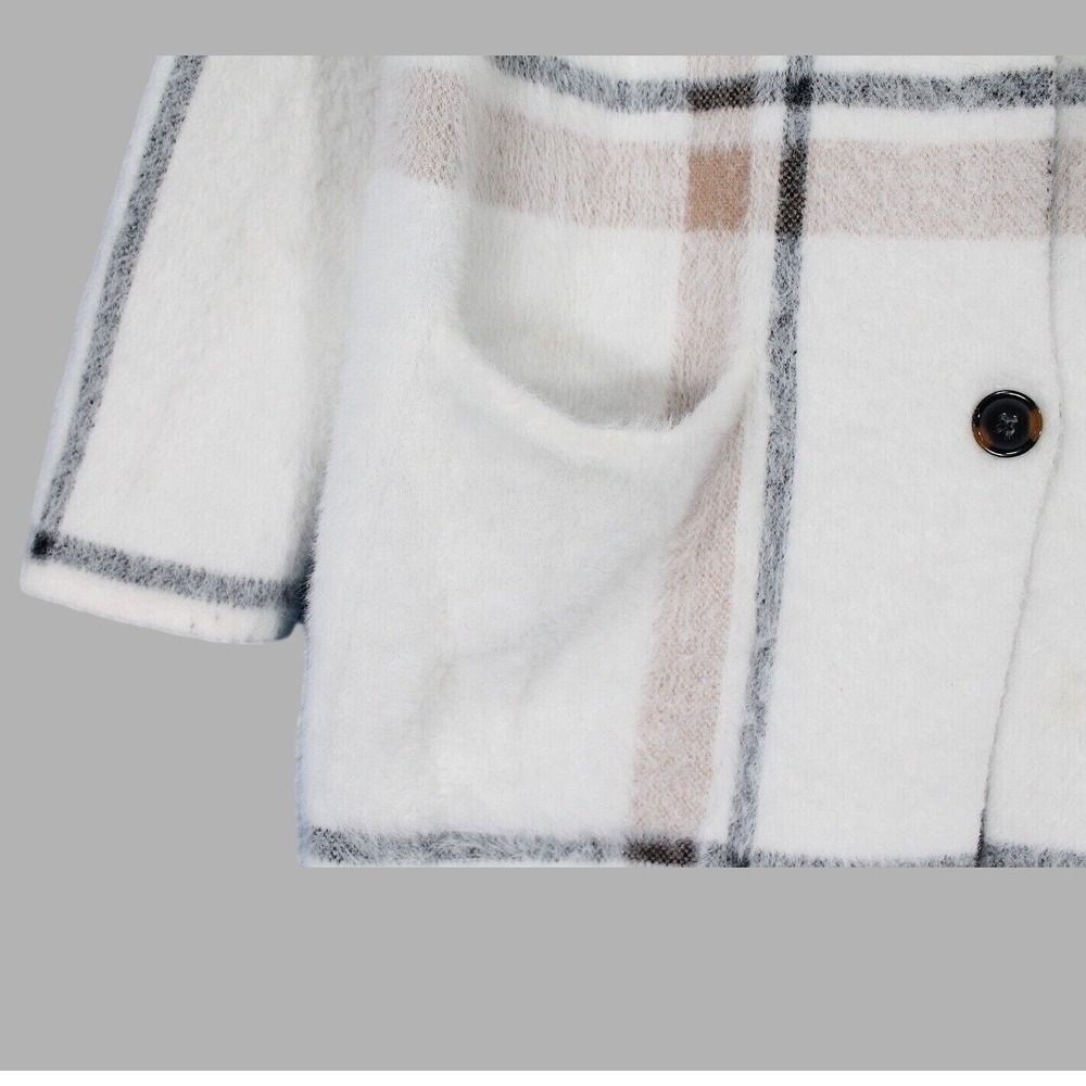 LYSSE White PLAID PRINT Button-Up FAUX MINK SWEATER 2-Pockets JACKET/COAT Sz S/M - Picture 4 of 7
